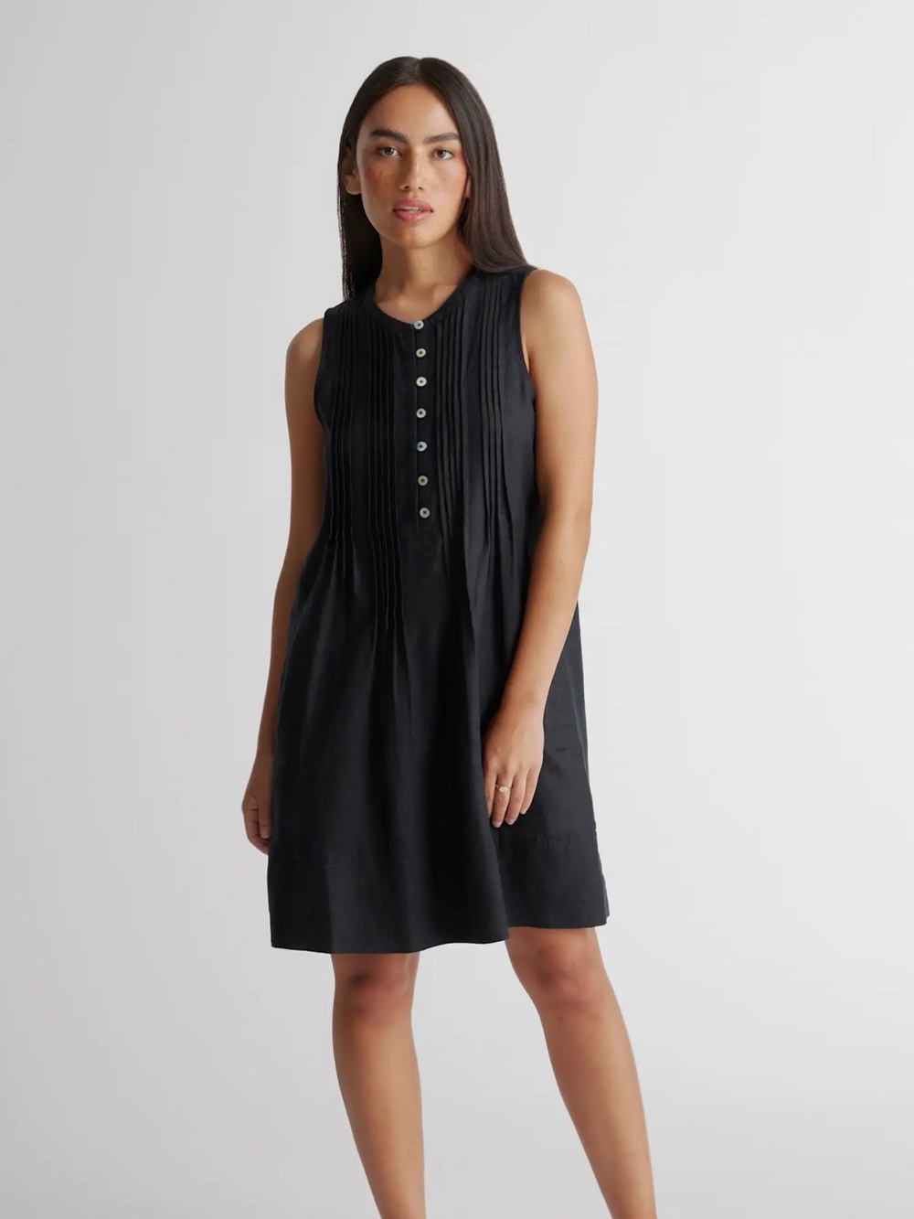 Quince Women's 100% European Linen‎ Sleeveless Swing Dress Black Pleated Summer